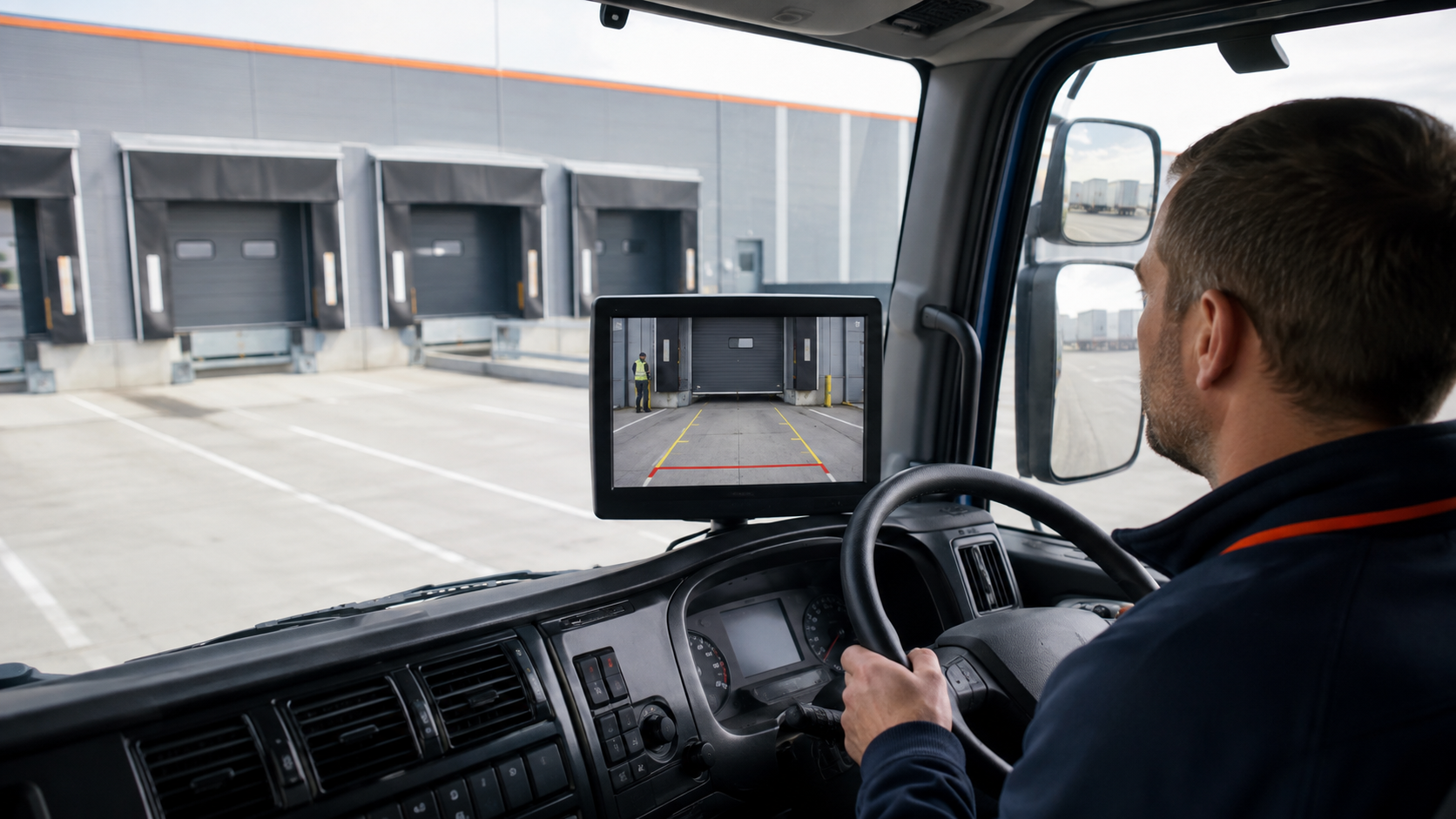 Ein Fahrer manövriert einen Lkw mithilfe einer Rückfahrkamera an einer Laderampe